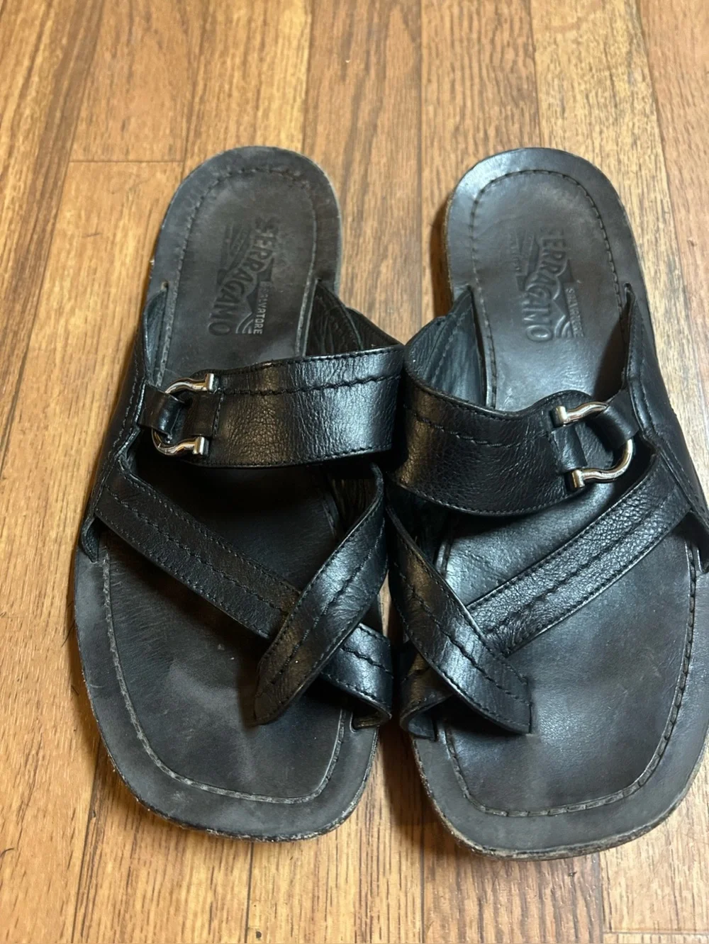 Ferragamo Black Leather Buckle Slide Sandals